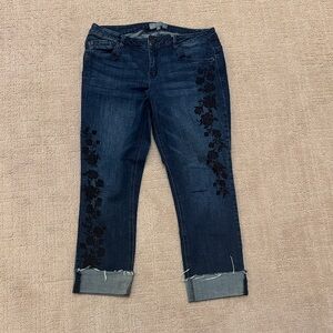 Wit & Wisdom Dark Wash Cropped Jeans with Black Floral Embroidery
